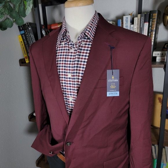 Stafford Men's Hopsack Blazer Two Silver Button Burgundy Wool Blend Classic 44R - Picture 5 of 13